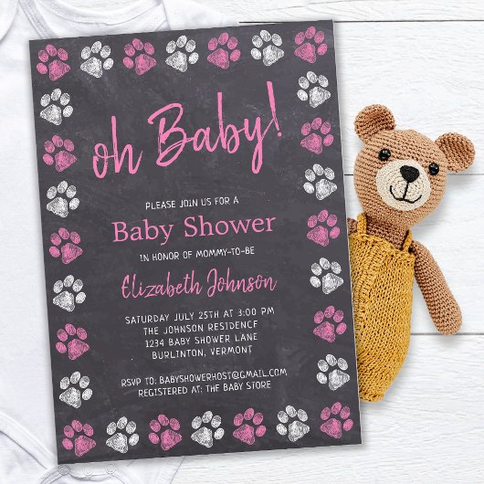 Invitation Baby shower Empreinte de patte Pink Chalkboard