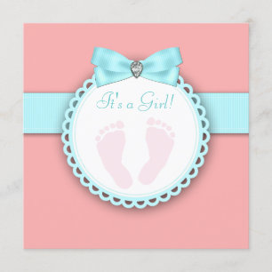 Invitation Baby Shower Empreinte de pied Corail Bleu Turquois