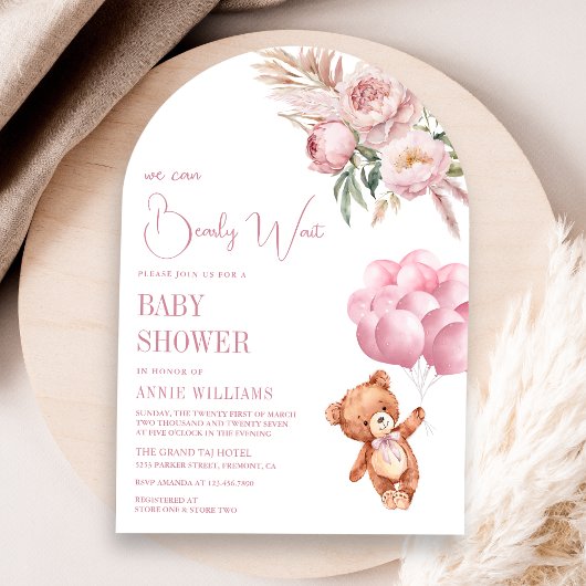 Invitation Baby shower en arc fleuri de l'ours en peluche ros