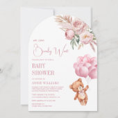 Invitation Baby shower en arc fleuri de l'ours en peluche ros (Devant)