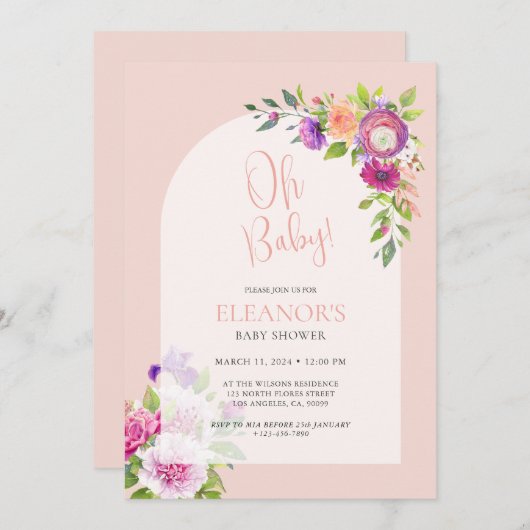 Invitation Baby shower en arc floral rose mignon (Devant / Derrière)