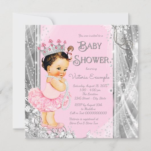 Invitation Baby shower en argent rose princesse Ballerina (Devant)