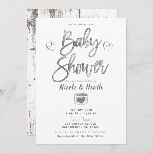 Invitation Baby shower en argent rustique blanc à la grange (Devant / Derrière)