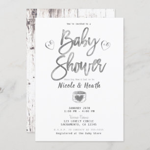 Invitation Baby shower en argent rustique blanc à la grange