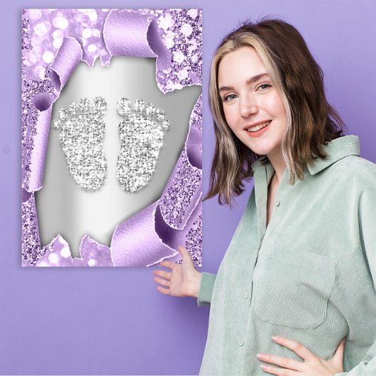 Invitation Baby shower en argent violet pieds garçon fille 3d