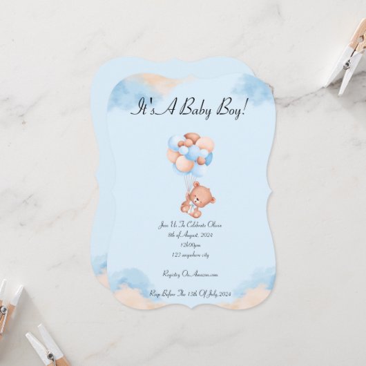 INVITATION baby shower EN BLEU POUR LES GARÇONS (Devant/Arrière en situation)