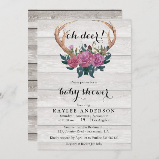 Invitation Baby shower en bois blanc de cerf Antler invitatio (Devant / Derrière)