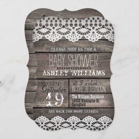 Invitation Baby shower en bois Brown rustique et dentelle bla (Devant / Derrière)
