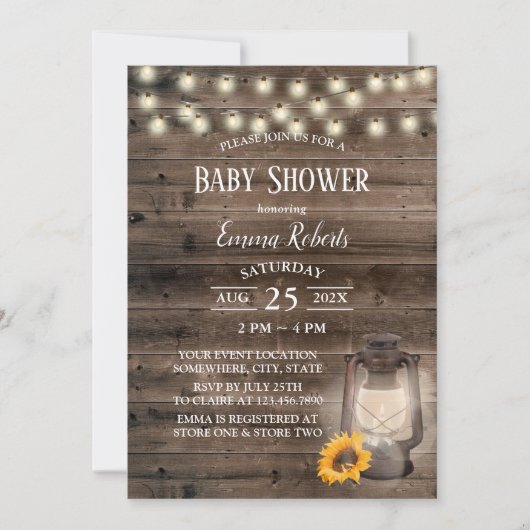 Invitation Baby shower en bois de grange de tournesol rustiqu (Devant)