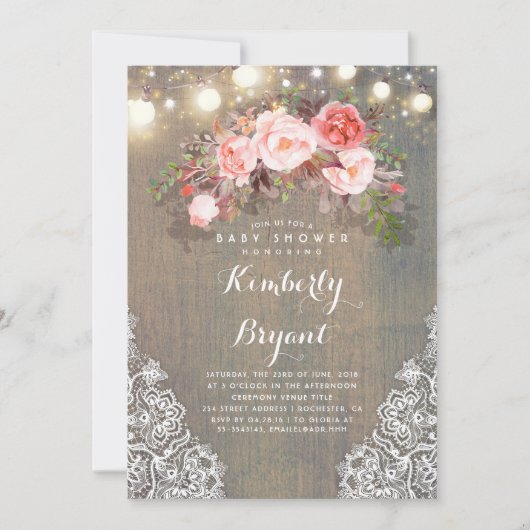 Invitation Baby shower en bois de la dentelle florale rustiqu (Devant)