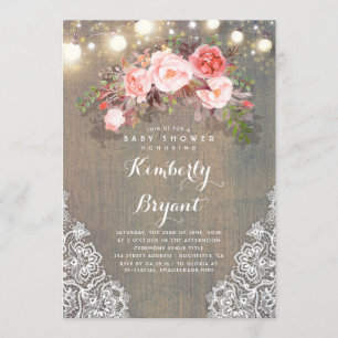 Invitation Baby shower en bois de la dentelle florale rustiqu