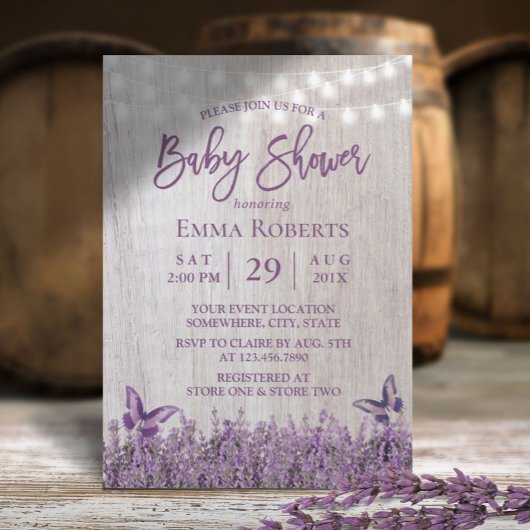 Invitation Baby shower en bois de papillon floral de lavande