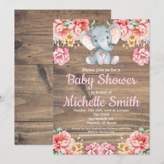 Invitation Baby shower en bois d'éléphant de fille rose (Devant / Derrière)