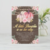 Invitation Baby shower en bois fleuri rose or petit Citrouill (Debout devant)