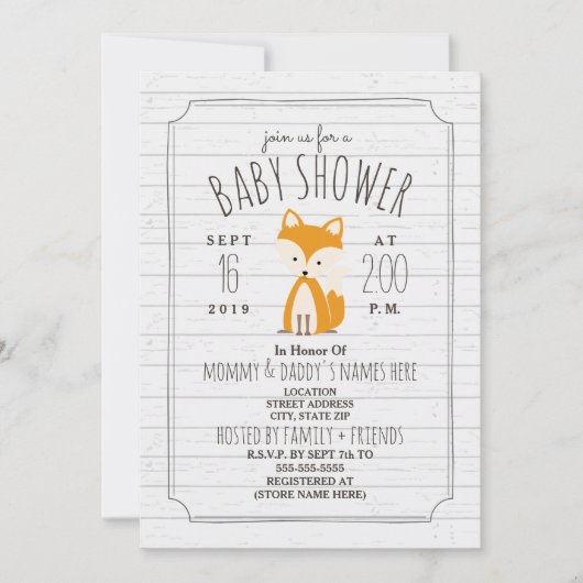 Invitation Baby shower en bois gris Fox (Devant)