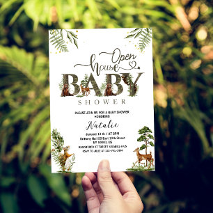 Invitation Baby shower en bois maison ouverte
