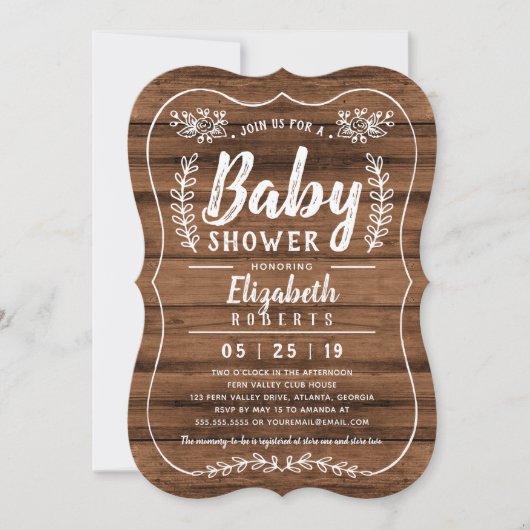 Invitation Baby shower en bois rustique (Devant)