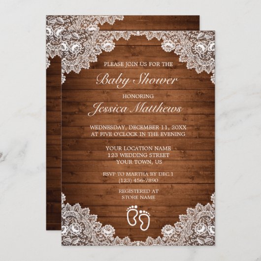 Invitation Baby shower en bois rustique et dentelle blanche (Devant / Derrière)