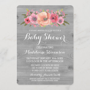 Invitation Baby shower en bois rustique rose