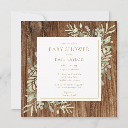 Invitation Baby shower en bois rustique | Saupoudrer de verdu (Devant)
