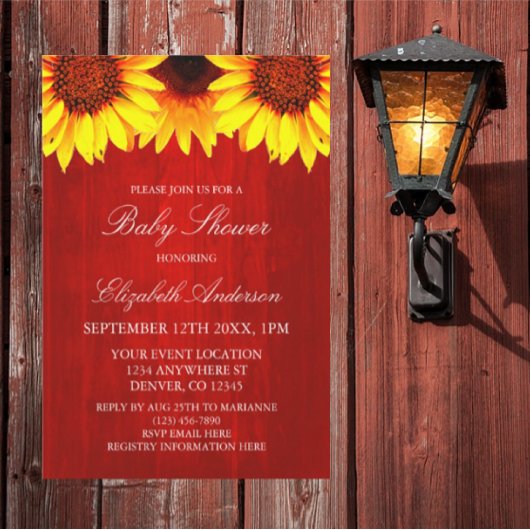 Invitation Baby shower en bois rustique tournesol