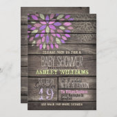Invitation Baby shower en bois rustique violet, rose, vert (Devant / Derrière)