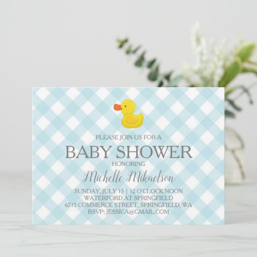 Invitation Baby shower en caoutchouc En vichy bleu (Debout devant)