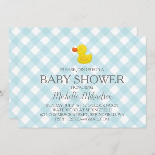 Invitation Baby shower en caoutchouc En vichy bleu (Devant / Derrière)