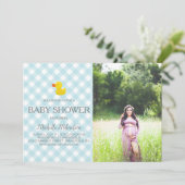 Invitation Baby shower en caoutchouc En vichy bleu photo (Debout devant)