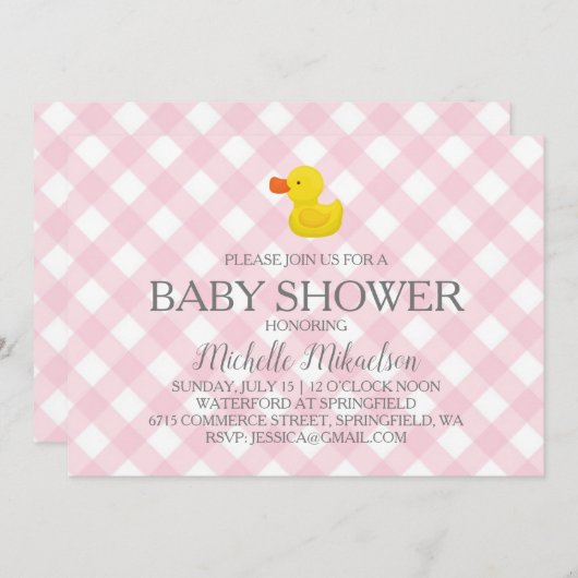 Invitation Baby shower en caoutchouc En vichy rose (Devant / Derrière)