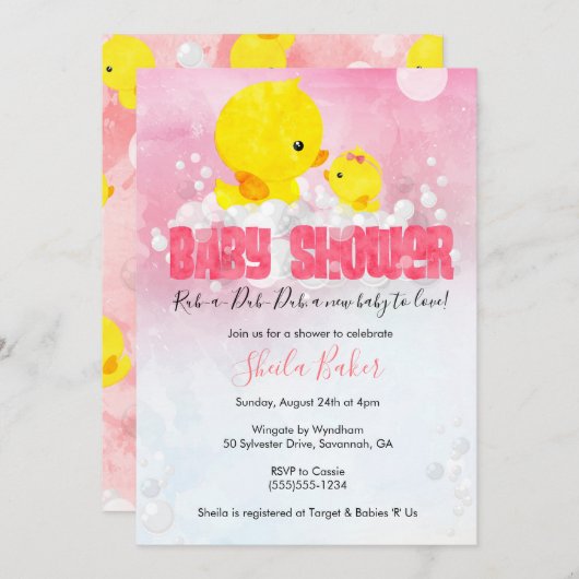 Invitation Baby shower en caoutchouc | Girl Duckie (Devant / Derrière)