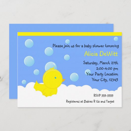 Invitation Baby shower en caoutchouc jaune Bain (Devant / Derrière)