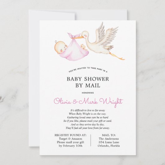 Invitation Baby shower en cigogne rose par courrier (Devant)