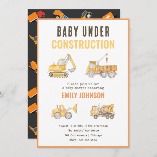 Invitation Baby shower en construction (Devant / Derrière)