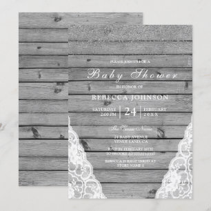 Invitation Baby shower en dentelle blanche argenté en bois gr