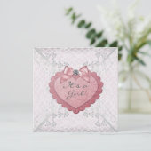 Invitation Baby shower en dentelle blanche rose Coeur (Debout devant)