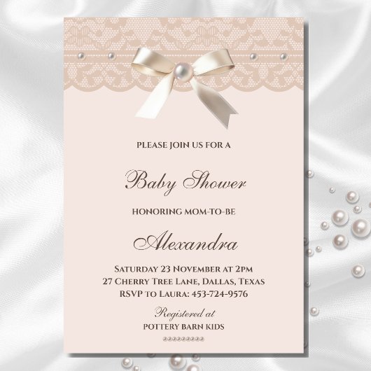 Invitation Baby shower en dentelle de Bow Pearl Rose