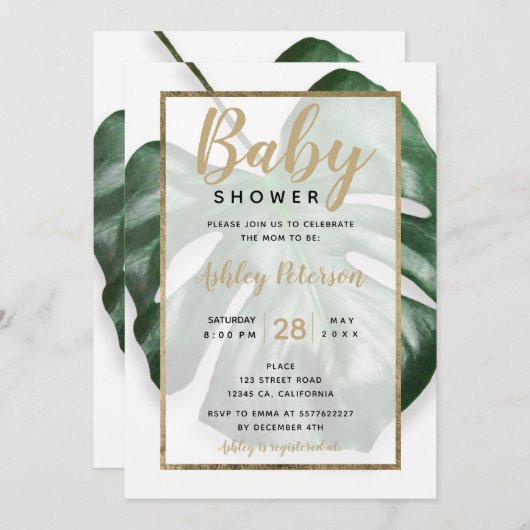 Invitation Baby shower en feuille de monstère verte tropicale (Devant / Derrière)
