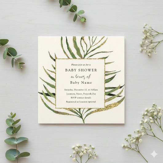 Invitation Baby shower en feuille de palme d'or