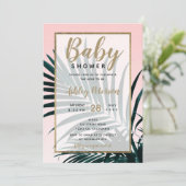 Invitation Baby shower en feuille de palmier tropical d'or (Debout devant)