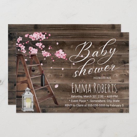 Invitation Baby shower en fleurs de cerisier de l'échelle en  (Devant / Derrière)