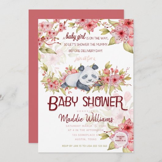 Invitation Baby shower en fleurs de cerisier rose Panda Sleep (Devant / Derrière)