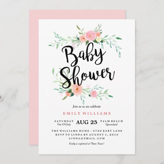 Invitation Baby shower en fleurs roses modernes (Devant / Derrière)