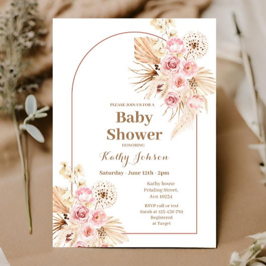 Invitation Baby shower en herbe Pampas Boho Rose