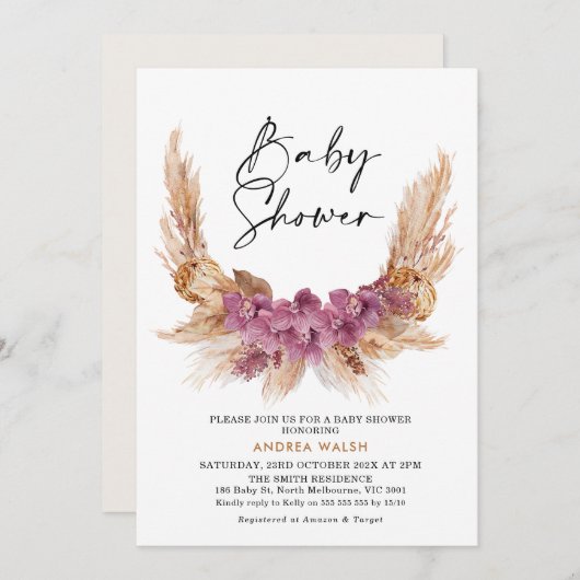 Invitation Baby shower en laiton de Boho Pampas vi (Devant / Derrière)