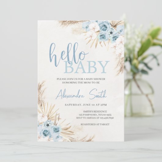 Invitation Baby shower en laiton Floral Bleu Pampas (Debout devant)