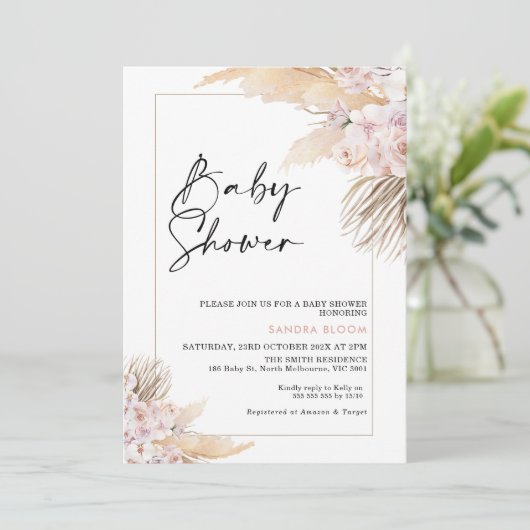 Invitation Baby shower en laiton rose mauve Boho Pampas (Debout devant)