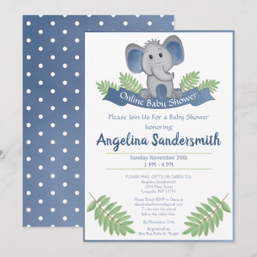 Invitation Baby shower En Ligne Par Mail Blue Boy Elephant (Devant / Derrière)