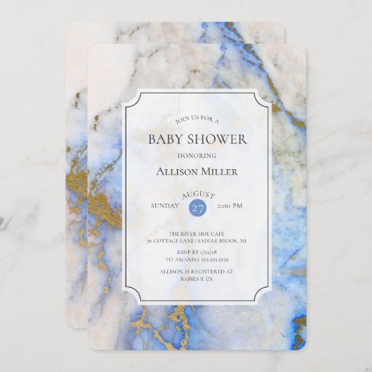 Invitation Baby shower en marbre bleu et or (Devant / Derrière)