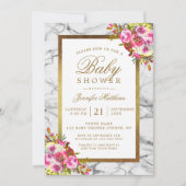 Invitation Baby shower en marbre noir rose floral chic or (Devant)